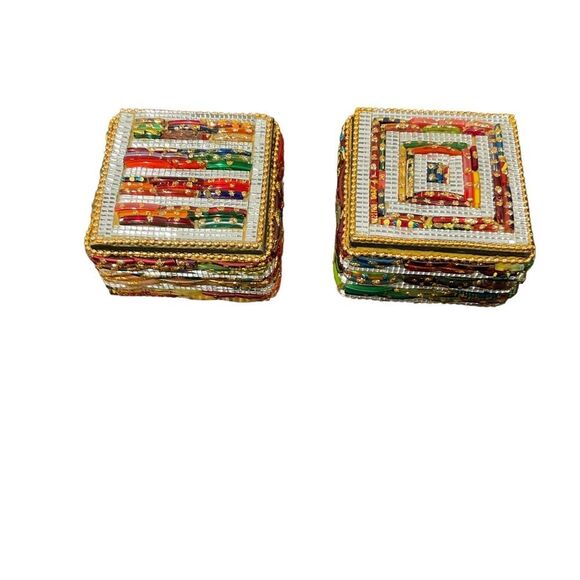 Vintage Trinket Treasure Box, Heavily Jeweled Bead Covered, Lid, India Set Of 2 - Picture 1 of 8